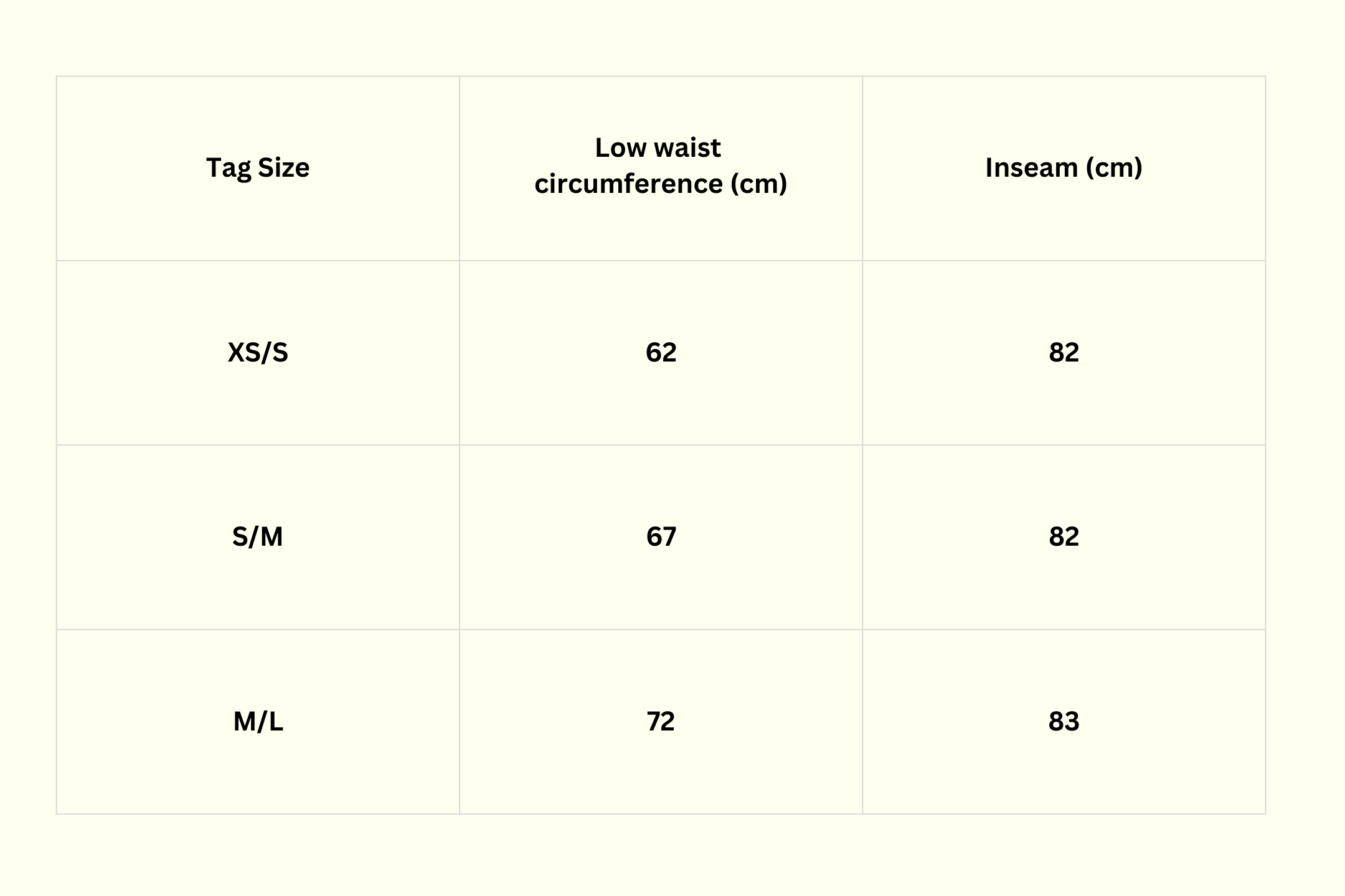 Measurement chart for clothing sizes with tag size, low waist circumference, and inseam measurements.